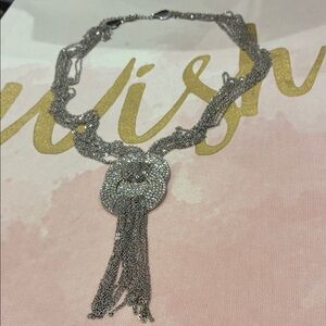 Elegant Silver Tone Fine Chain Multi Strand Rhinestones Necklace with Pen Tassel